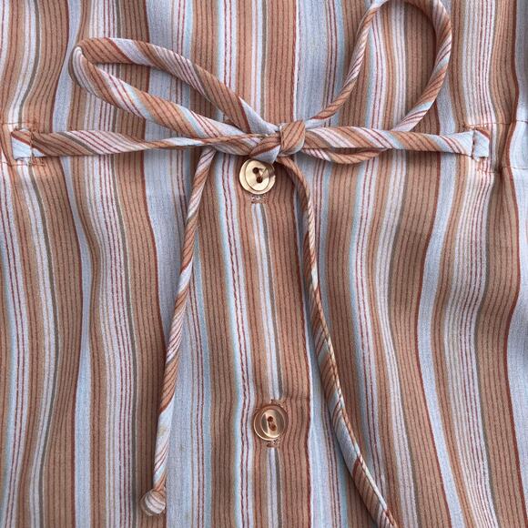 Vintage 70s striped button up blouse, short puff sleeve, cinched tie waist, prep - Picture 6 of 11